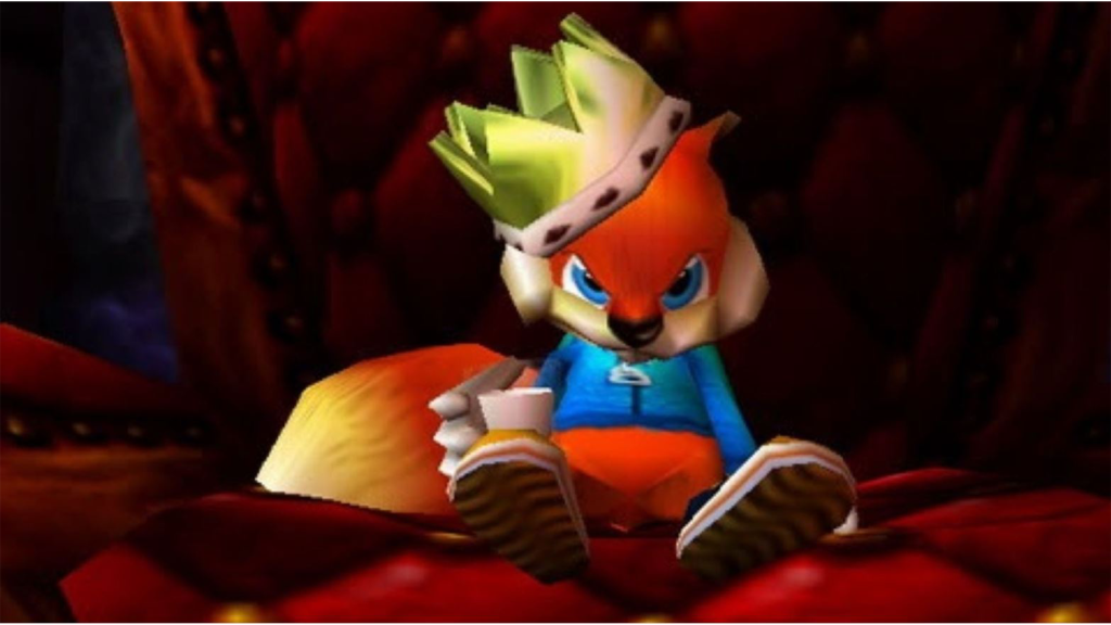 A screenshot from Conker's Bad Fur Day, showing the title character sitting with a crown on his head.