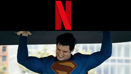 David Corenswet as Superman holding Netflix's Logo