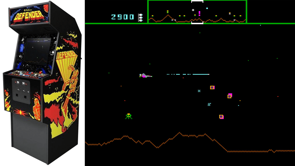 A screenshot from Defender beside the arcade cabinet.