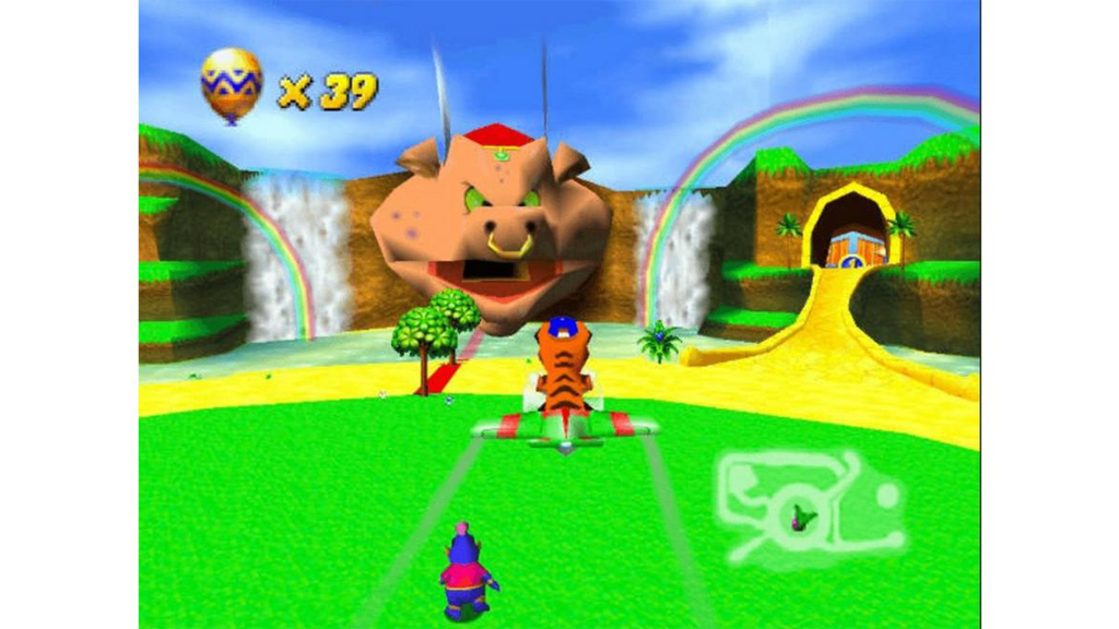 A screenshot from Diddy Kong Racing, showing a player flying through a course.