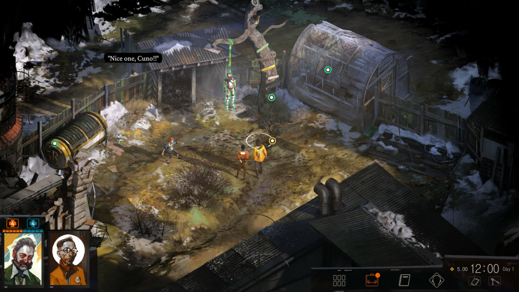 A screenshot from Disco Elysium – The Final Cut, showing the player among two NPCs.