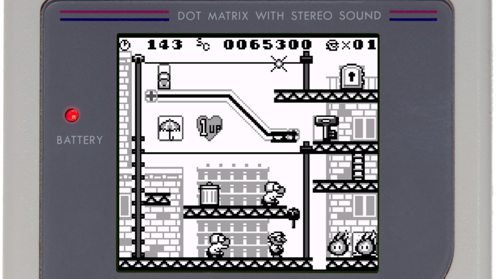 A screenshot from Donkey Kong, showing platforms and mobs.