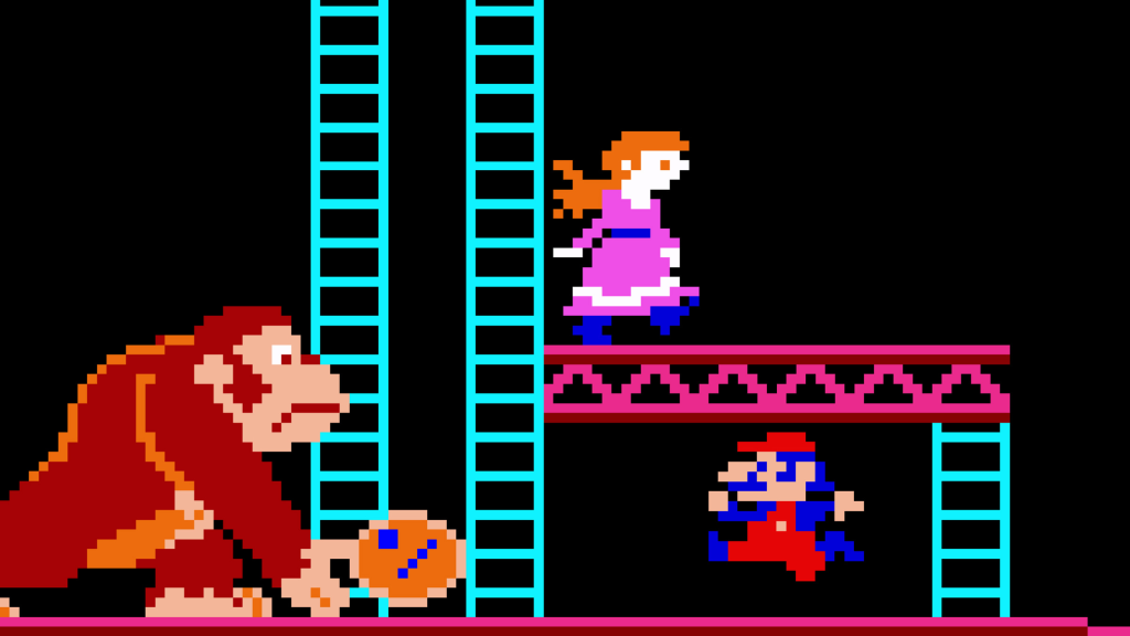 A screenshot from Donkey Kong, showing Jumpman about to rescue Pauline from Donkey Kong.