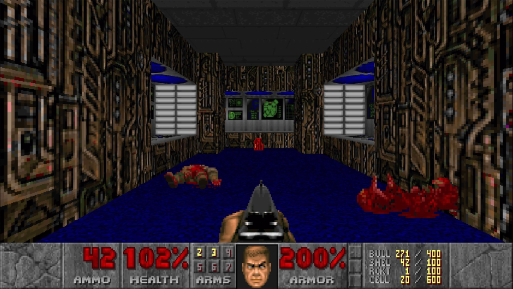 A screenshot from 1993's Doom, showing the player shooting at mobs.