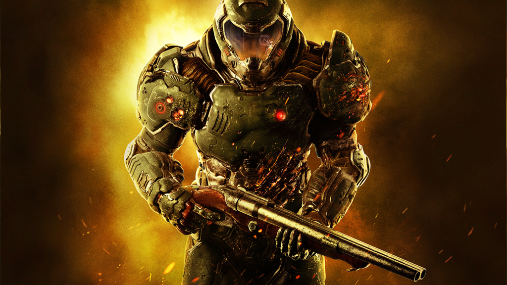 Promotional art for Doom, showing Doom Guy holding a shotgun.