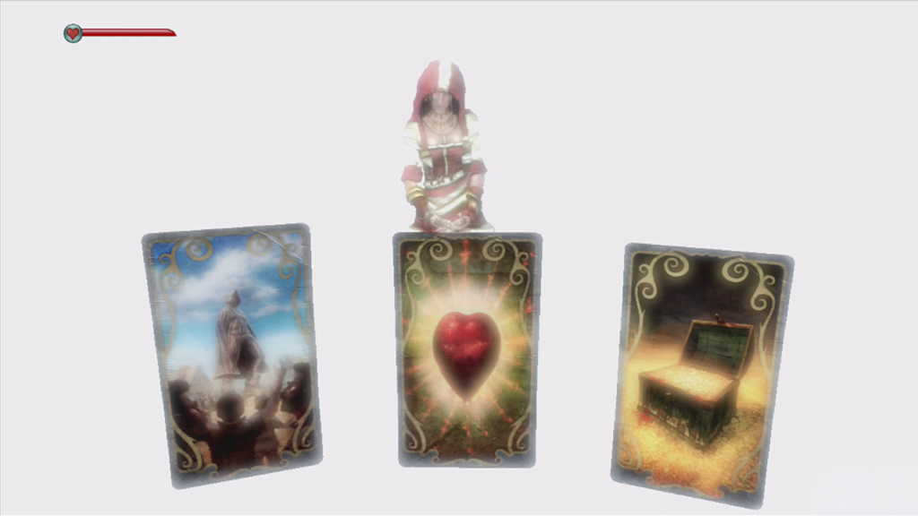 A screenshot from Fable 2, showing the three cards and their moral choices at the end of the game.