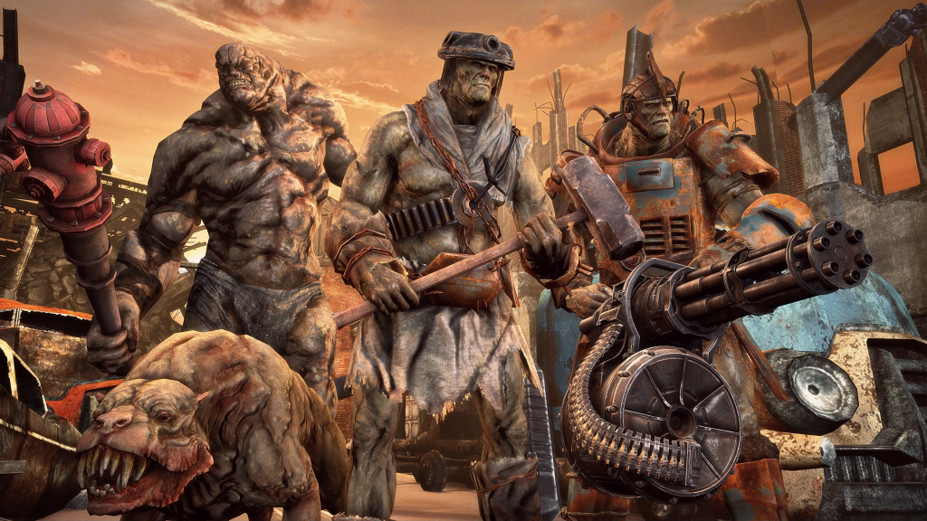 A group of Super Mutants gathered together in Fallout 4.