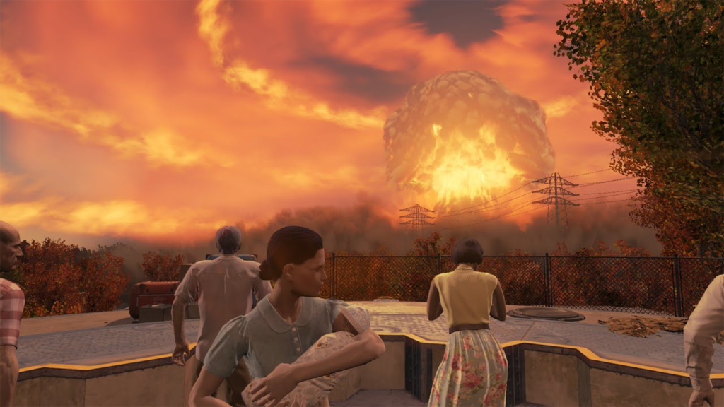 A screenshot from a cutscene in Fallout 4, showing the detonation of an atomic bomb as Vault Dwellers are lowered into a vault.