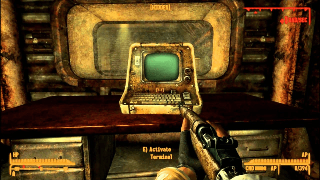 A screenshot from Fallout: New Vegas, showing the player facing an operational terminal in Vault 34.
