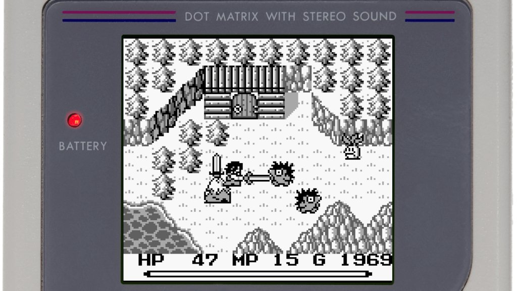 A screenshot from Final Fantasy Adventure, showing the player fighting two mobs.