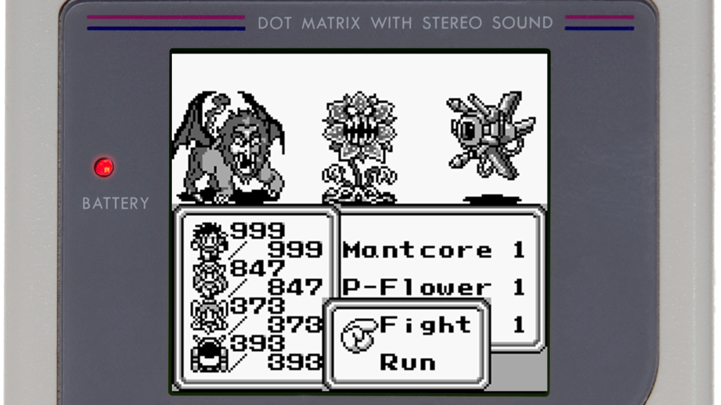 A screenshot from Final Fantasy Legend II, showing a fight with three monsters.