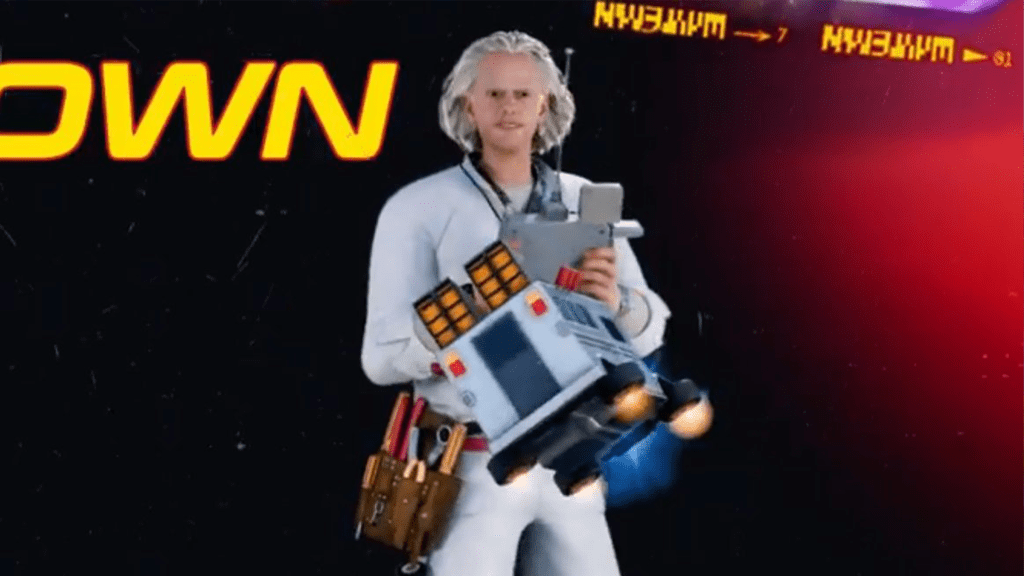 The Fortnite Doc Brown skin operating a miniature time machine.
