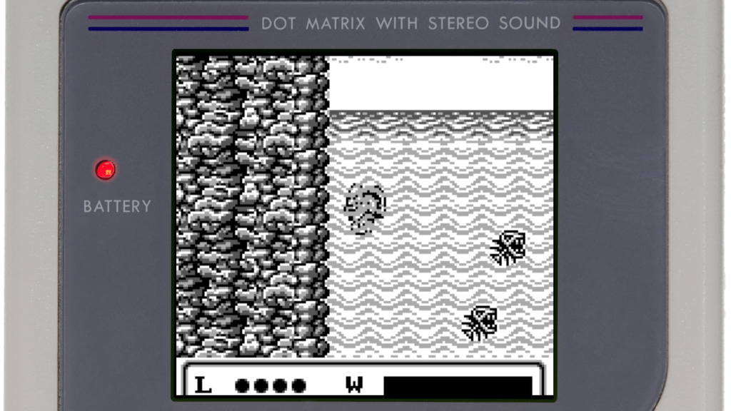 A screenshot from Gargoyle's Quest, showing the player character in a waterfall.