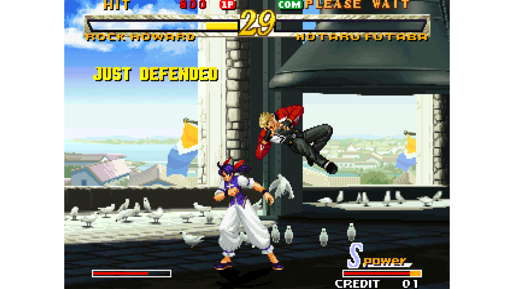 A screenshot from Garou: Mark Of The Wolves, showing a fight..