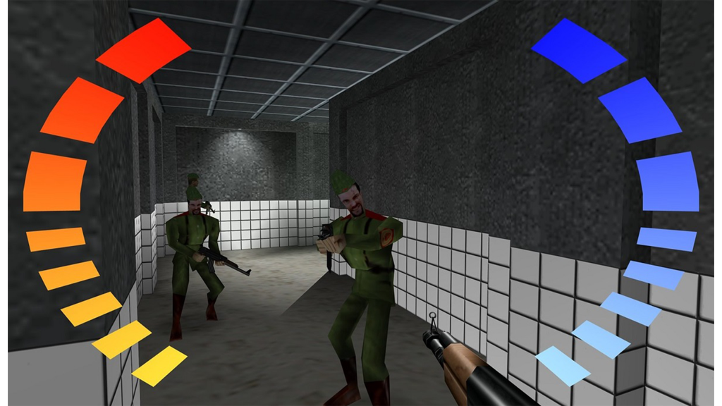 A screenshot from GoldenEye 007, showing enemies in a hallway.