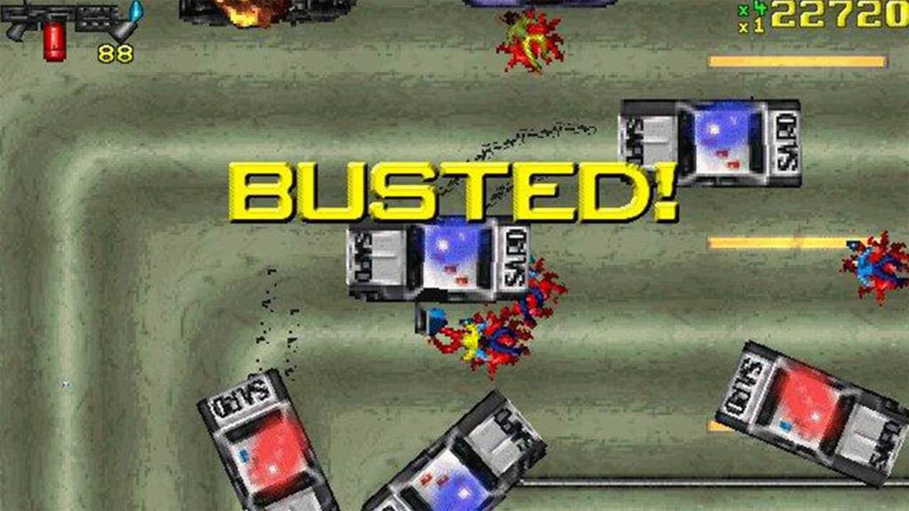 A screenshot from Grand Theft Auto, showing the player getting busted by the police.