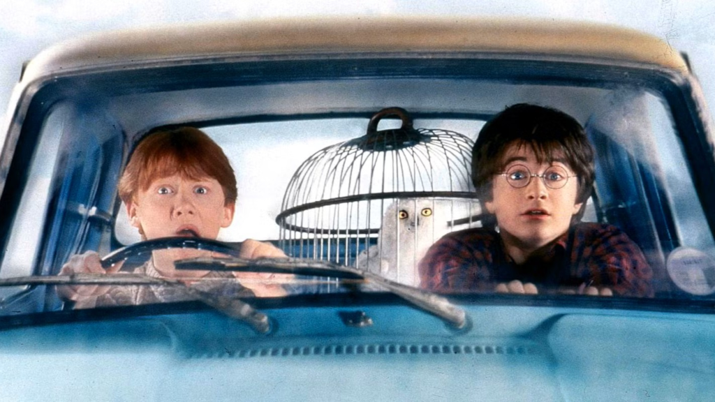 Ron and Harry in the flying Ford Anglia in Harry Potter and the Chamber of Secrets