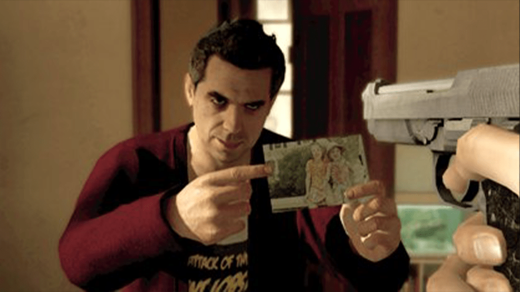 A screenshot from Heavy Rain, showing a drug dealer begging for his life while showing a picture of his children.