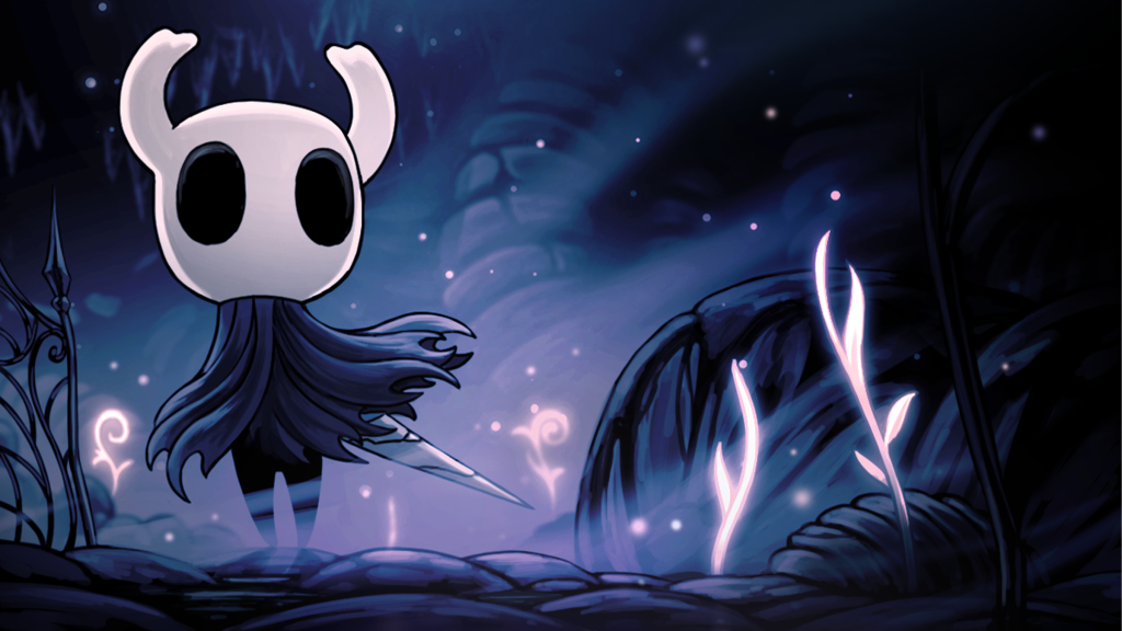Promotional art for Hollow Knight, showing the titular character.