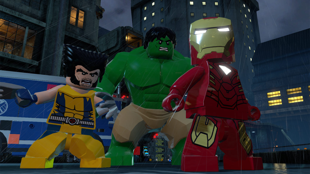 Image courtesy of LEGO Marvel Super Heroes, showing Wolverine, Hulk, and Iron Man.