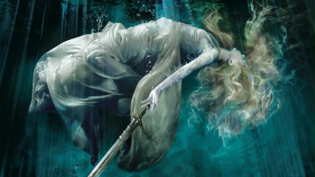 Cropped cover of Lady Midnight featuring a blonde woman floating with a sword in her hand
