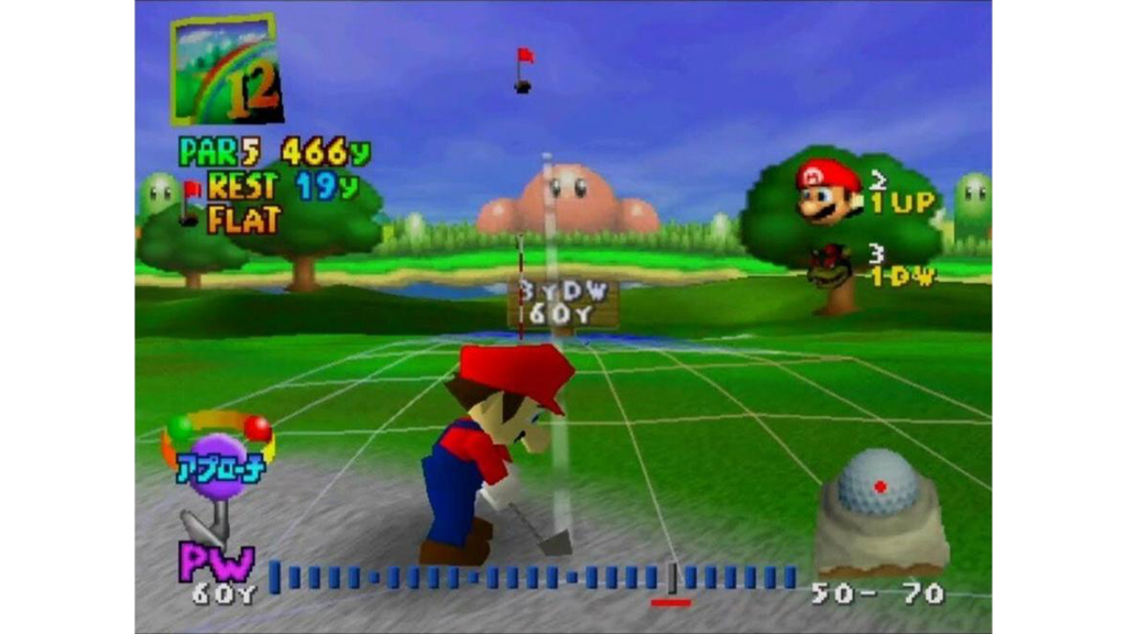 A screenshot from Mario Golf, showing Mario teeing up a shot.
