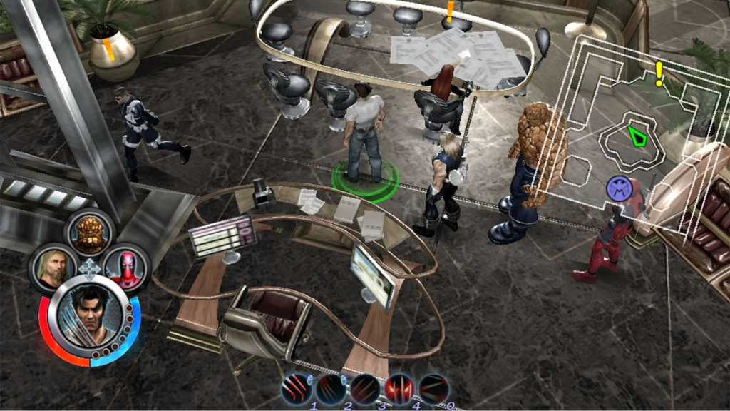 A screenshot from Marvel: Ultimate Alliance, showing Wolverine, Deadpool, Thor, and Thing standing together in an office.