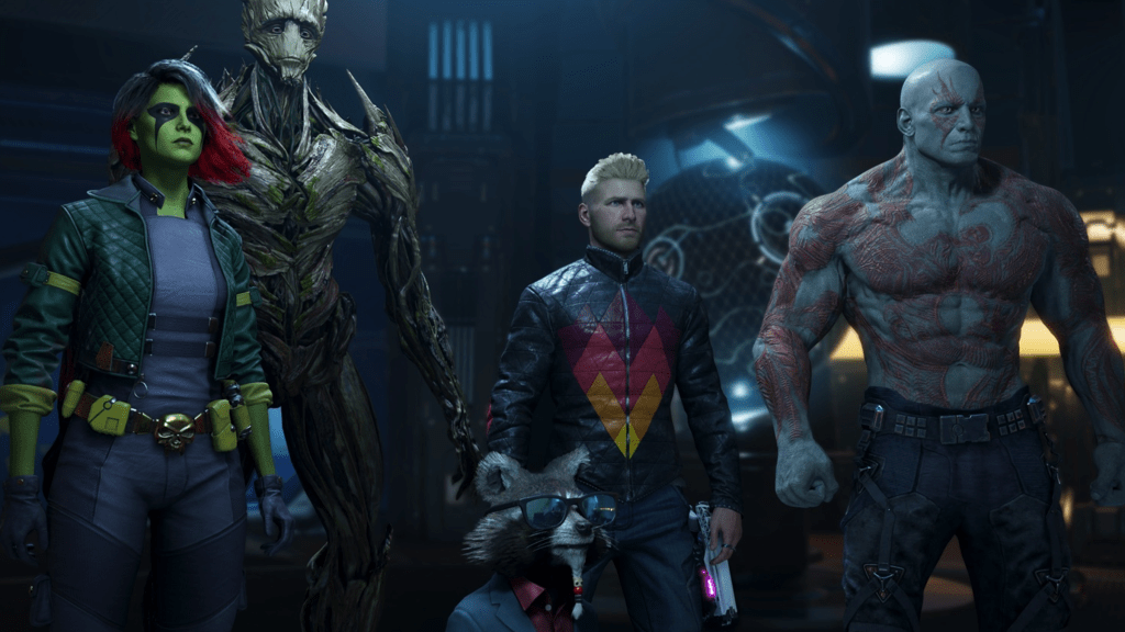 A screenshot from Marvel's Guardians of the Galaxy, showing the team standing together.