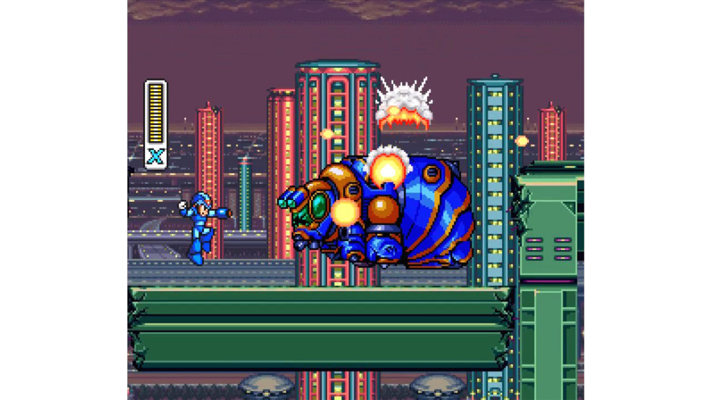 A screenshot from Mega Man X, showing Mega Man fighting a robot boss.