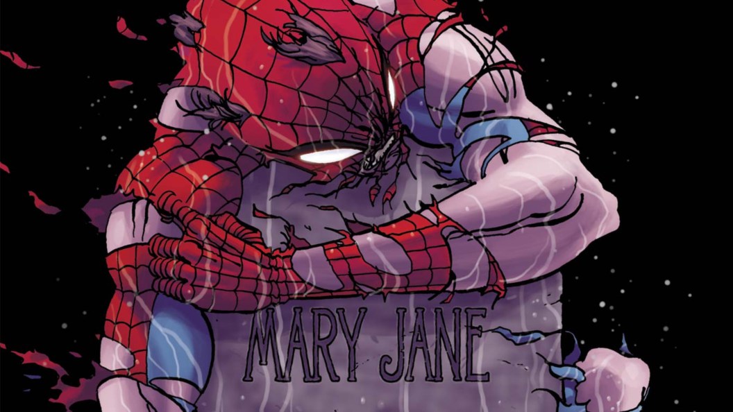 Spider-Man in his tattered uniform holding Mary Jane's gravestone