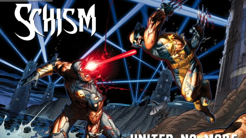 Wolverine in battle with Cyclops from X-Men: Schism