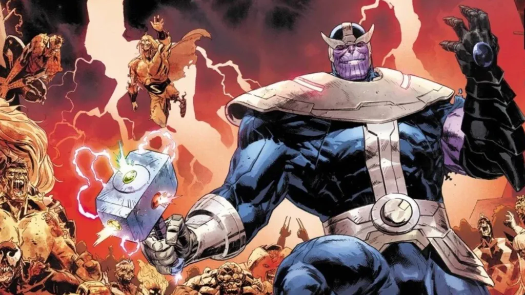 Thanos holding Mjolnir witrh the Infinity Stones with the Ebony Gauntlet and an army of Marvel zombies