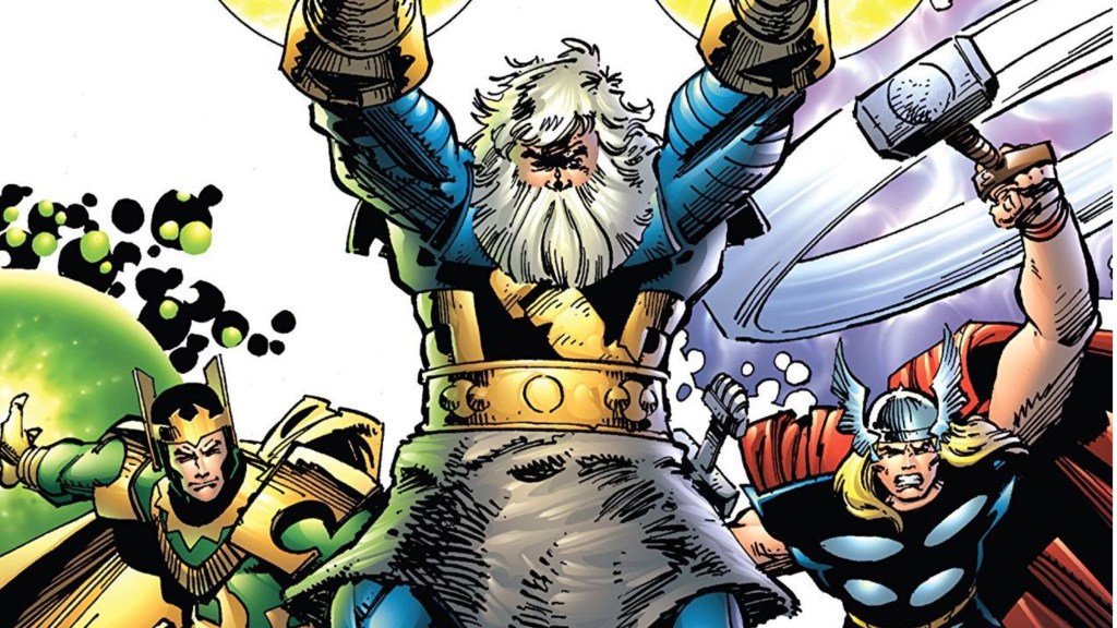 Loki, Odin, and Thor together battling Ragnarok