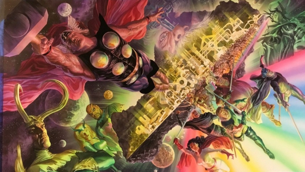 Thor flying away from Asgard with members of his cast behind him