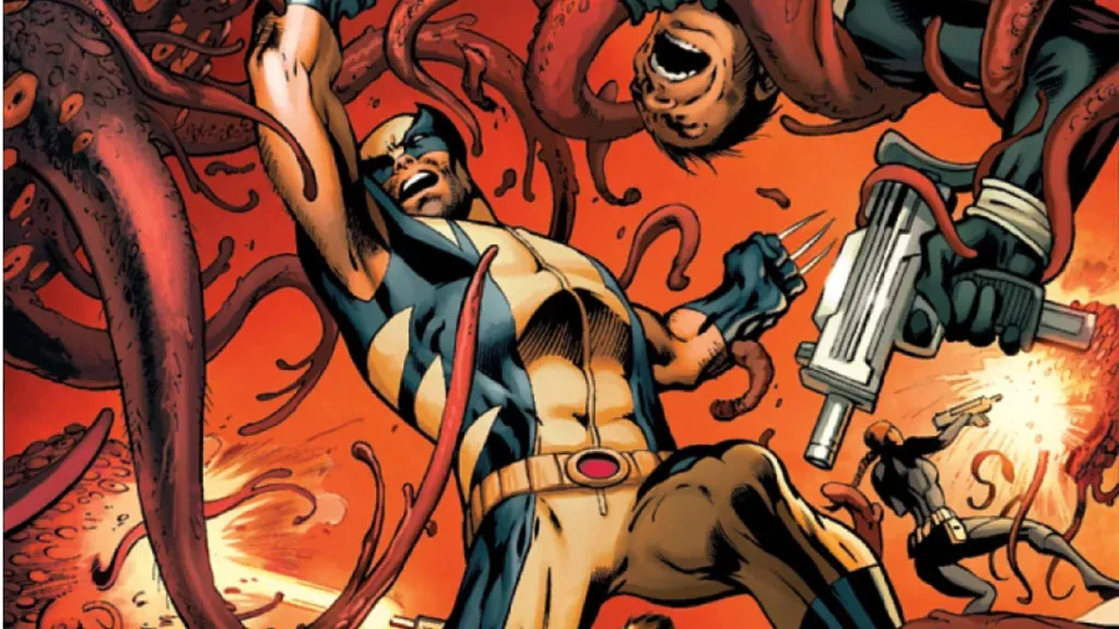 Wolverine battling invaders from the Microverse with SHIELD agents
