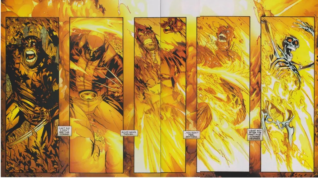 Wolverine burning down to a skeleton