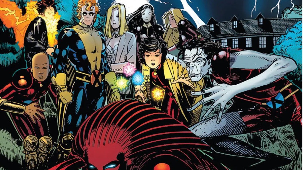 Chamber, Synch, Banshee, White Queen, Monet, Husk, Jubilee, Skin, and Penance on the lawn of the Massachusetts Academy