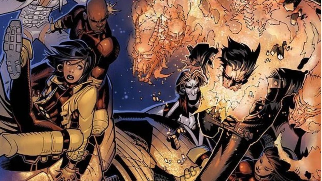 Synch, Jubilee, Skin, Chamber, and Monet battling a Sentinel drawn by Chris Bachalo