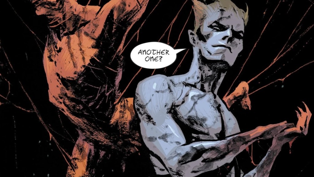 Lucifer Morningstar in front of a flayed corpse