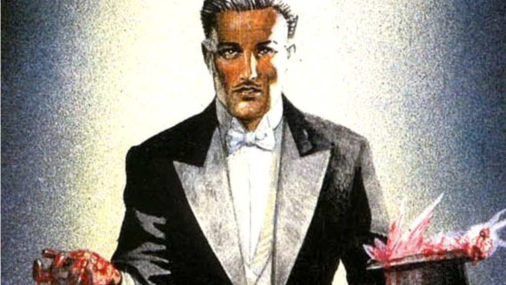 Giovanni Zatara holding a hat full of bloody white feathers