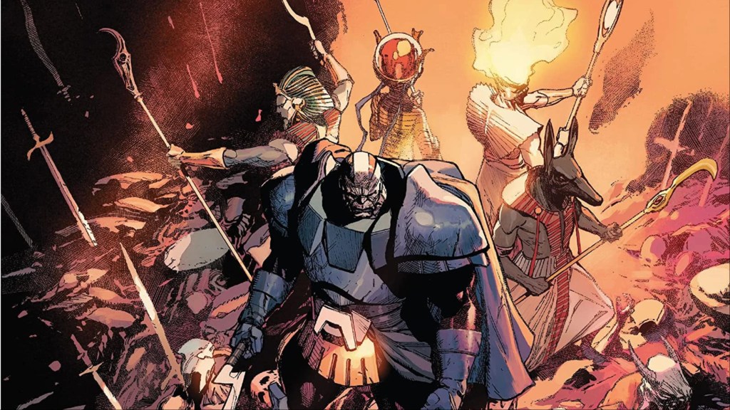 Apocalypse with the First Horseman surrounded by fallen enemies