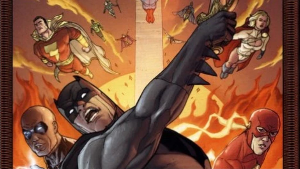 Batman, Black Lightning, the Flash, Shazam, Power Girl, and various laying heroes protecting the Washington Monument