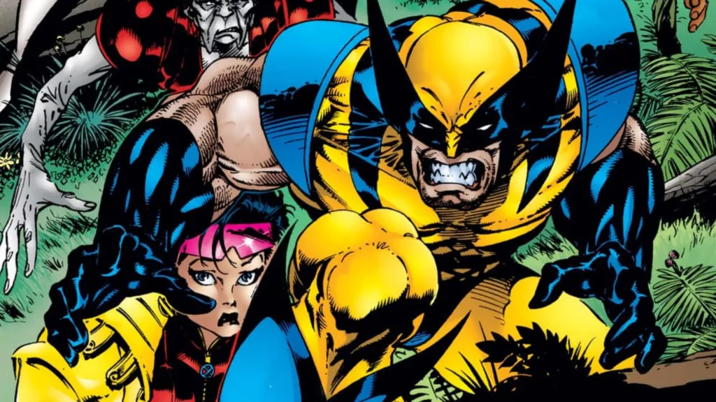 Wolverine growling and crouching with Jubilee and Skin behind him