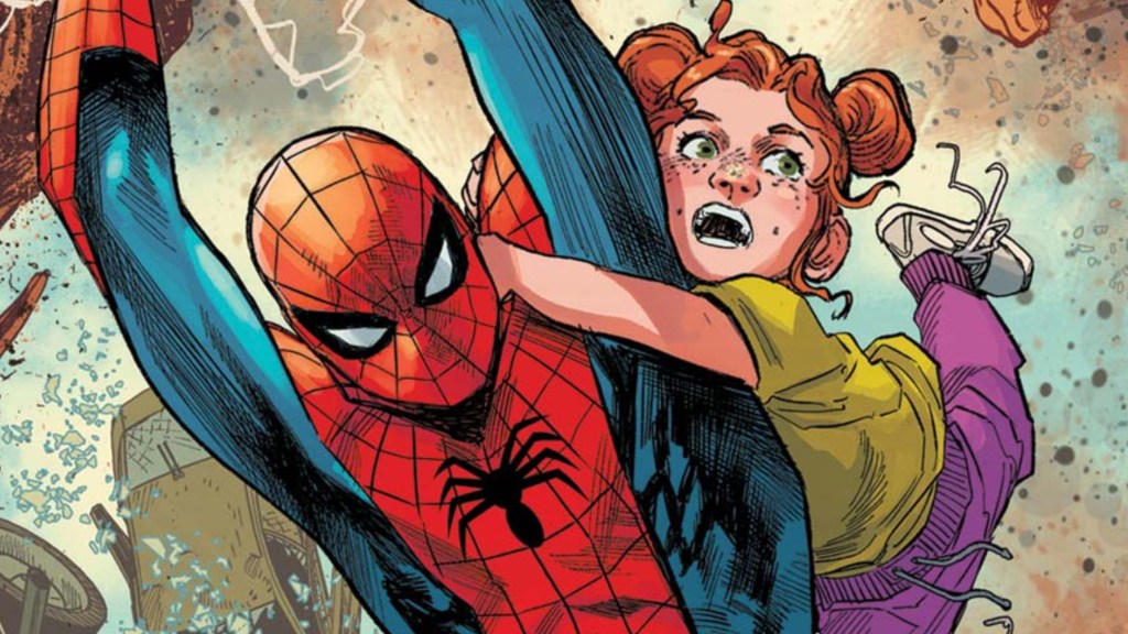 Spider-Man swinging with his daughter May