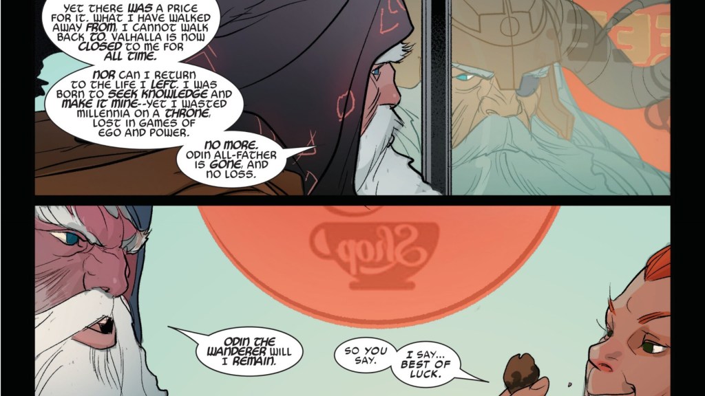 Odin talking to Loki in a diner, seeing reflections of himself as the All-Father