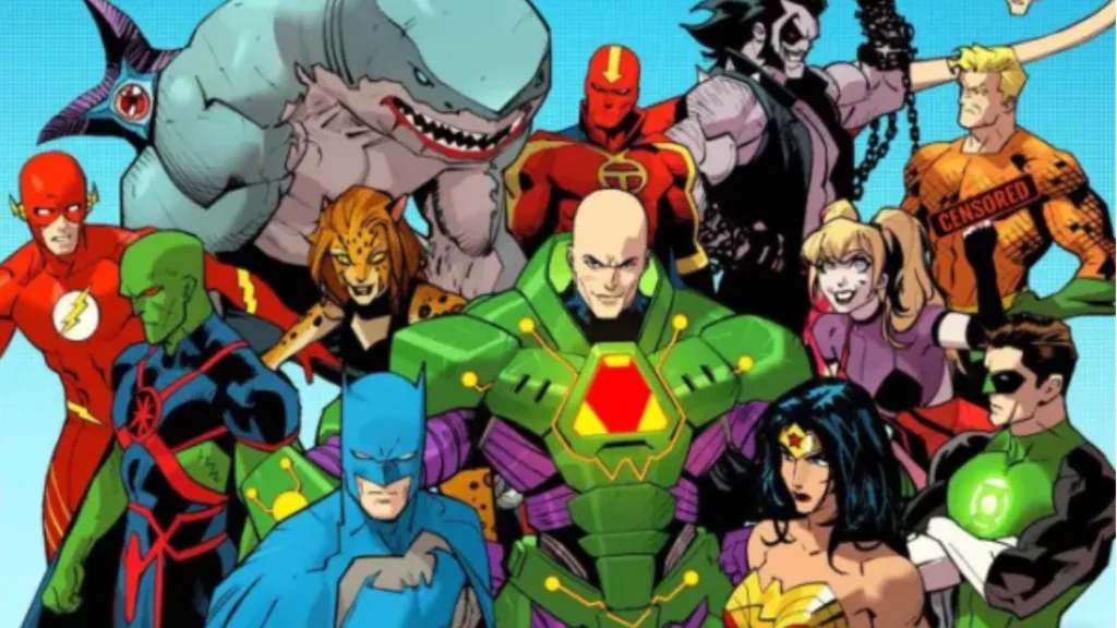 The Justice League joined by Lex Luthor, HArley Quinn, Lobo, Cheetah, King Shark, and Starro