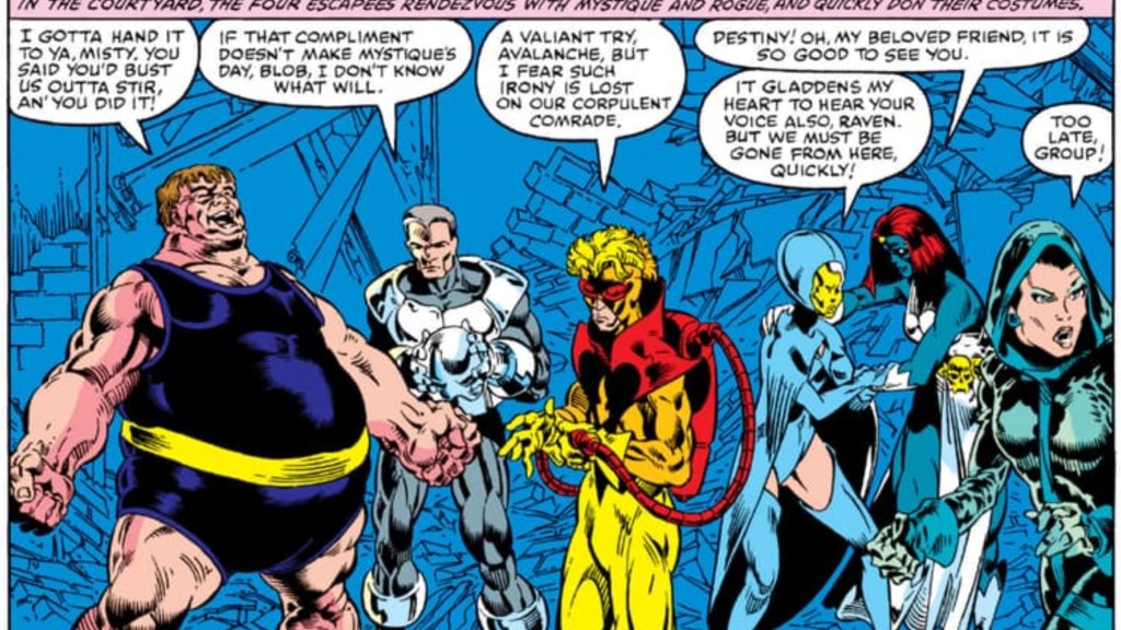 Blob, Avalanche, Pyro, Destiny, Mystique, and Rogue chilling for a minute