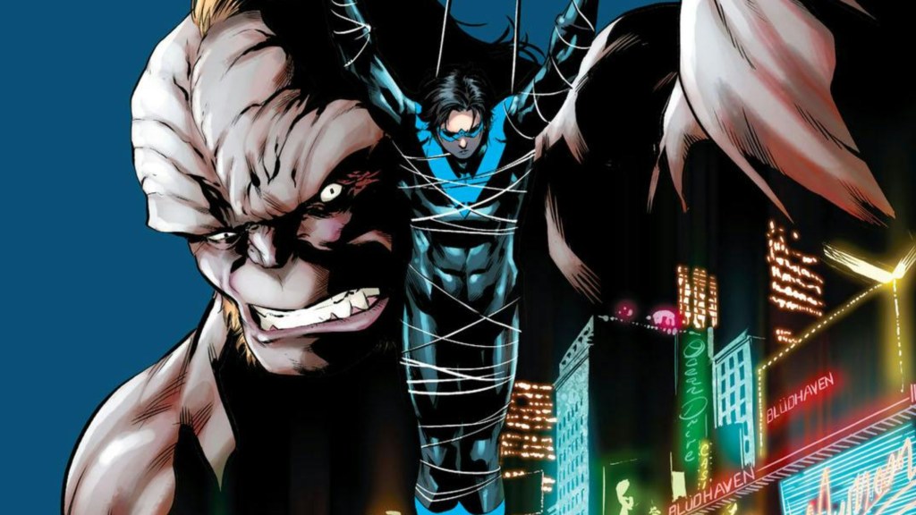 Blockbuster holding up an ensnared Nightwing