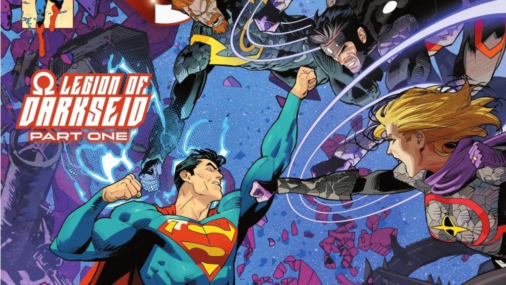 Superman tackling the Legion of Darkseid Lightning Lad, Cosmic Boy, and Saturn Girl