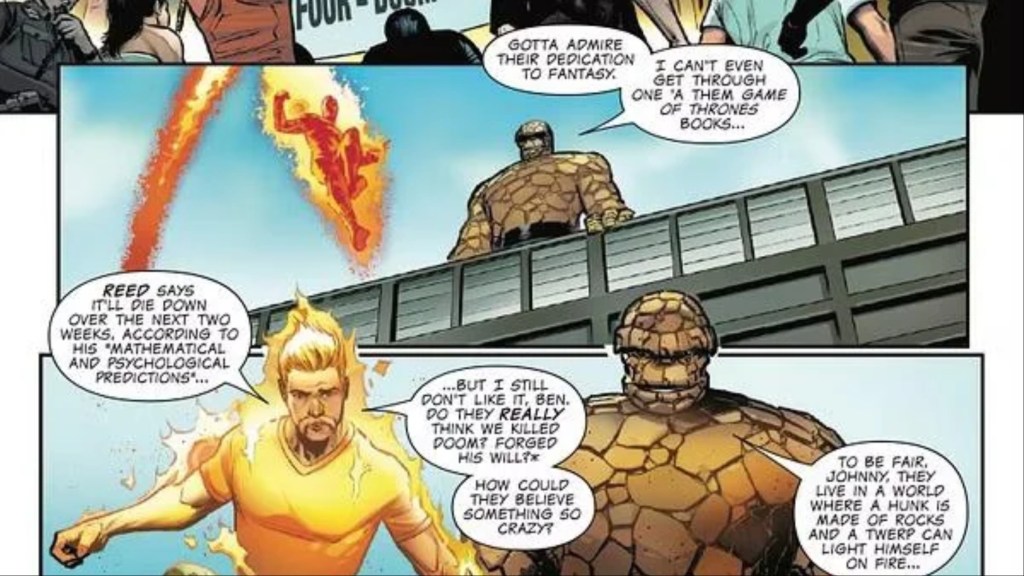 Human Torch and the Thing talking on a rooftop